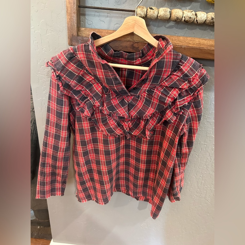 Zara Plaid Shirt With Ruffles Size Small